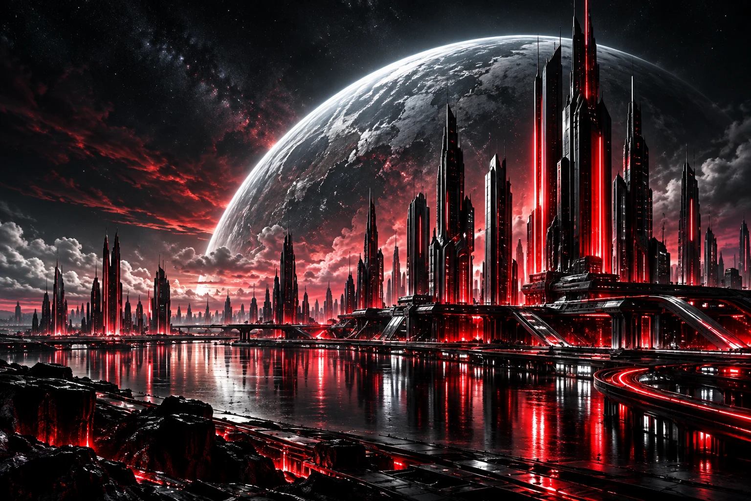 Futuristic city beneath a pale planet.