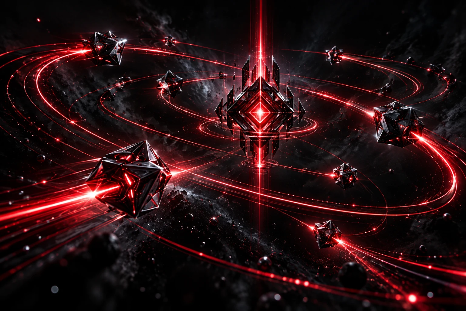 Autonomous polyhedral agents following separate light paths.