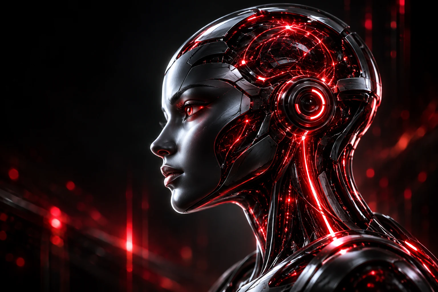 Black chrome AI profile with red neural traces.
