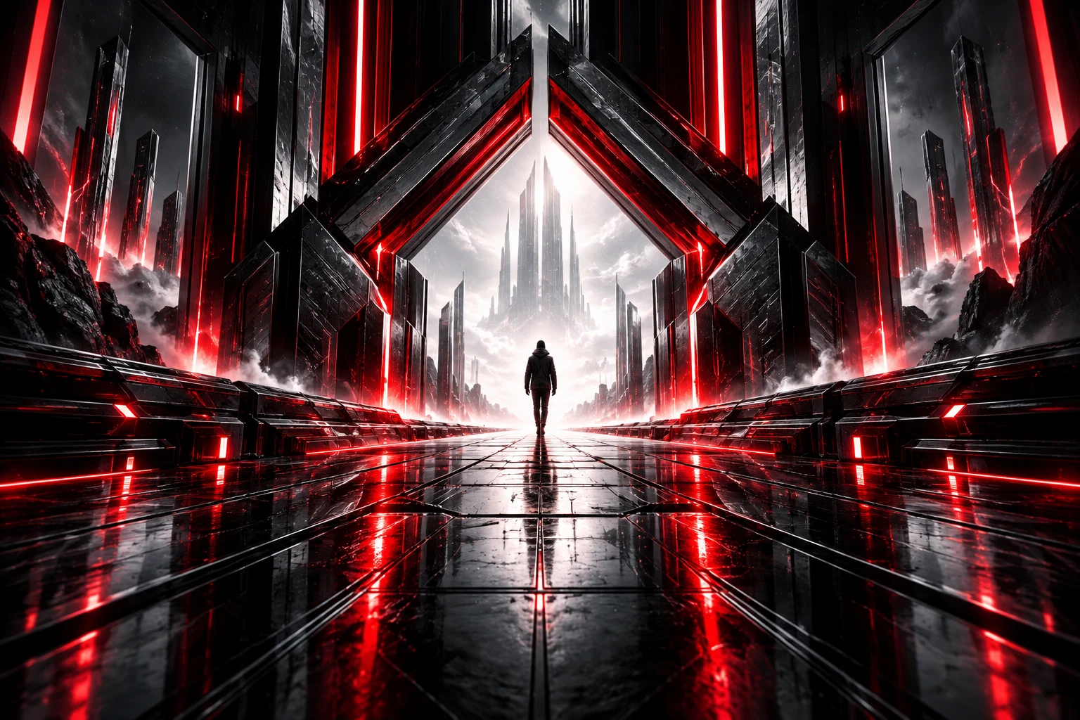 A silhouette facing a bright portal in a futuristic corridor.