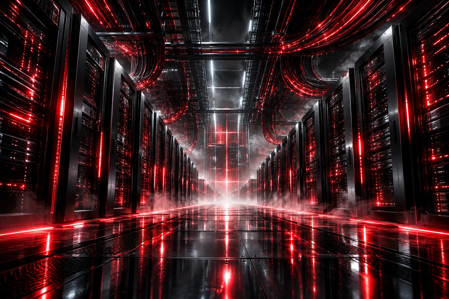 Server-rack aisle with crimson fibre trails.