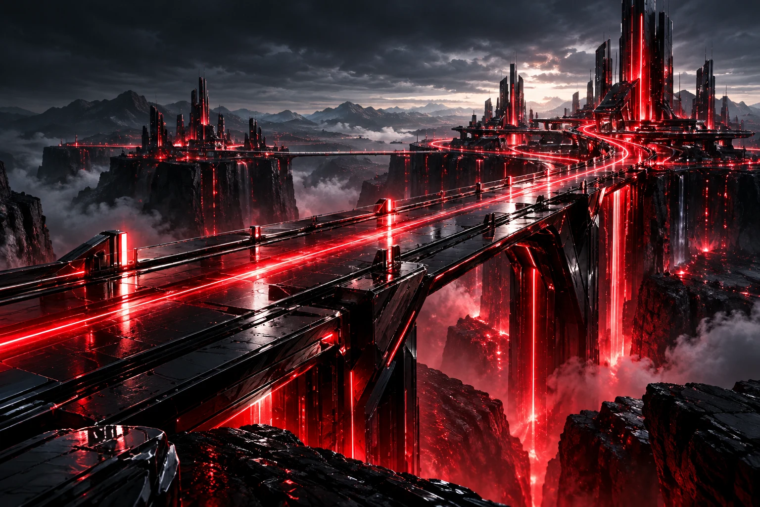 Illuminated bridge connecting futuristic structures.