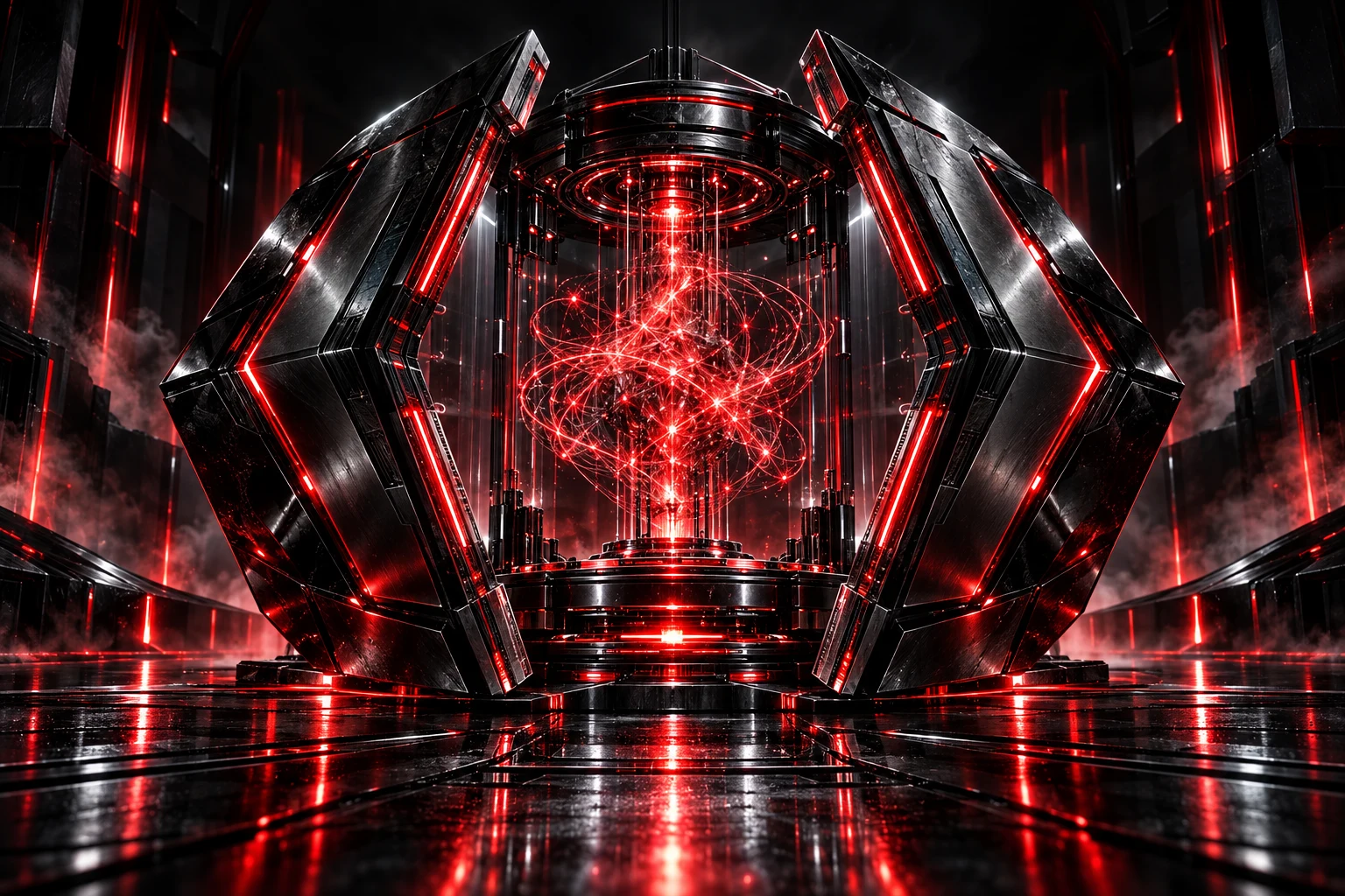 An obsidian vault protecting a red neural structure.