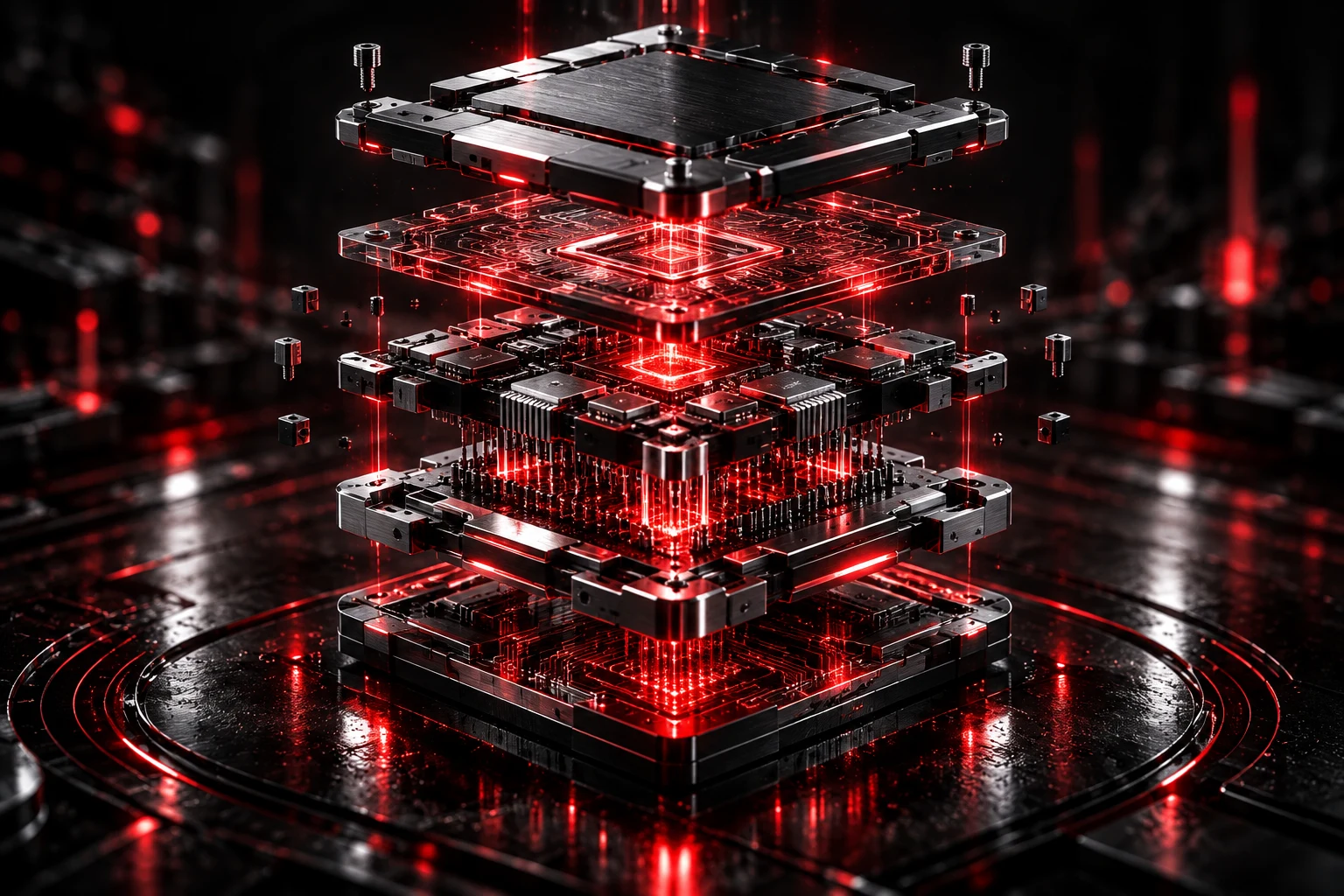 Exploded six-layer processor with red circuitry.