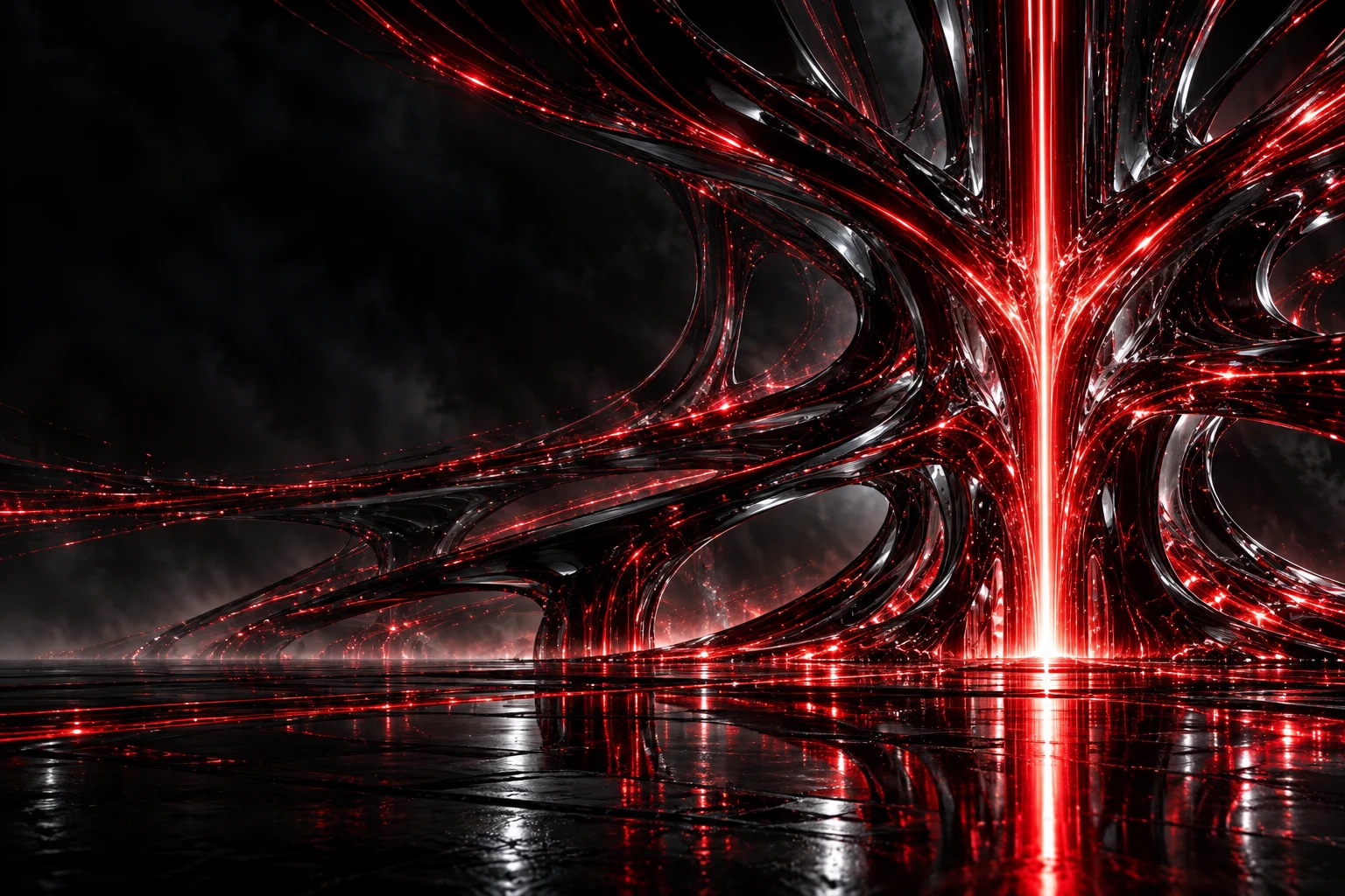 Crimson neural light travelling through a sculptural network of black glass.