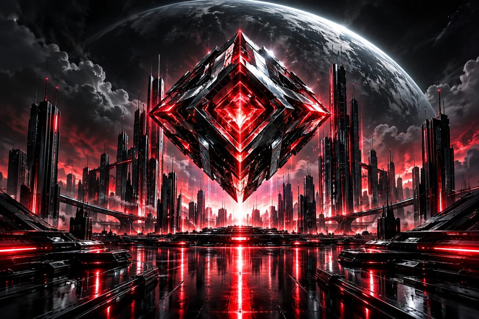 Floating ruby-core diamond above a futuristic city.