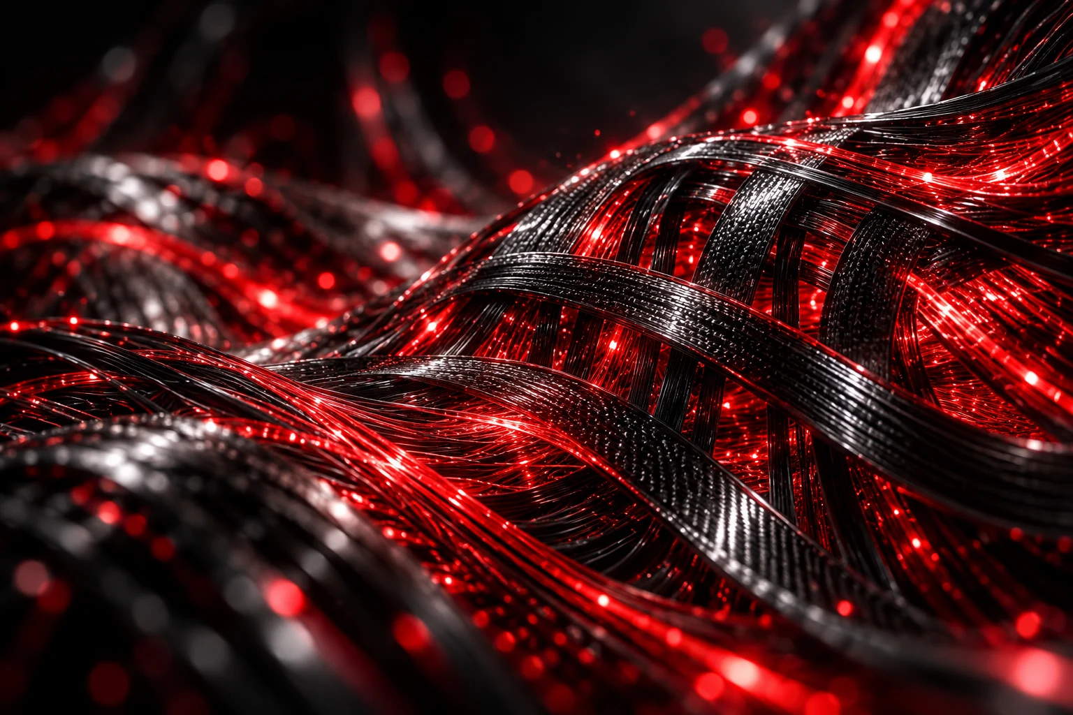 A neural loom weaving carbon and luminous red fibres.