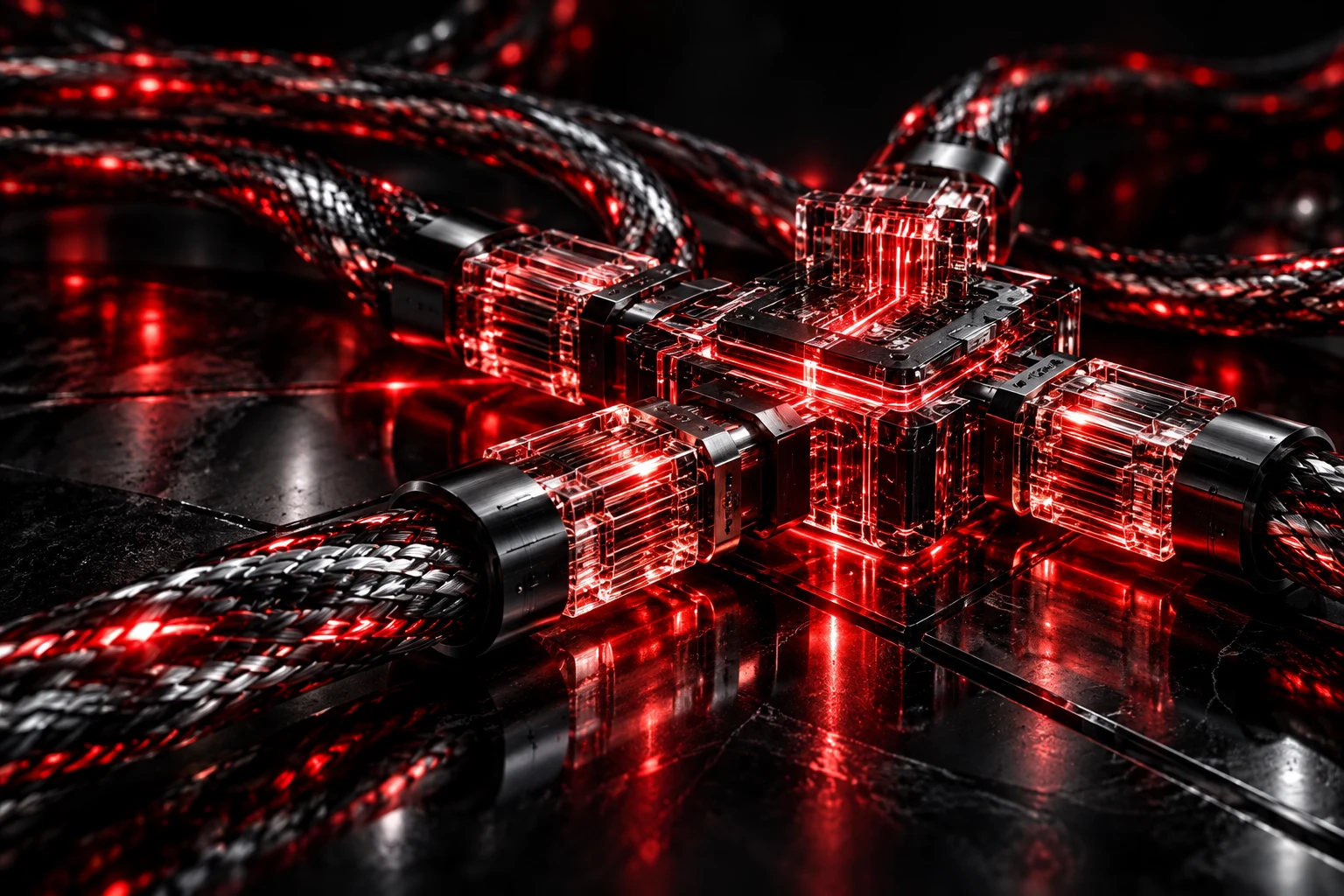 Braided data cables terminating in illuminated connector blocks.