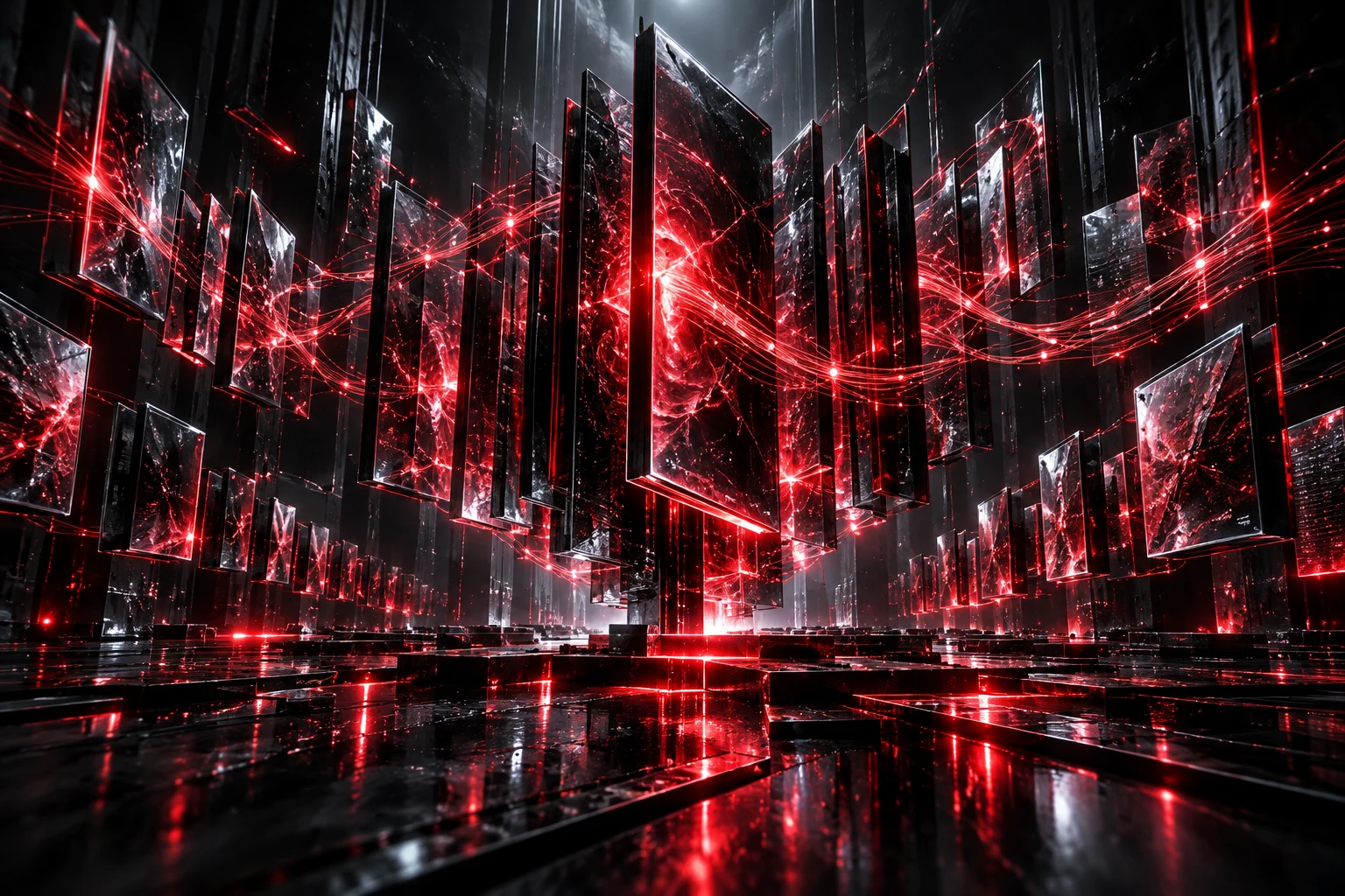 Floating glass archive linked by luminous knowledge threads.