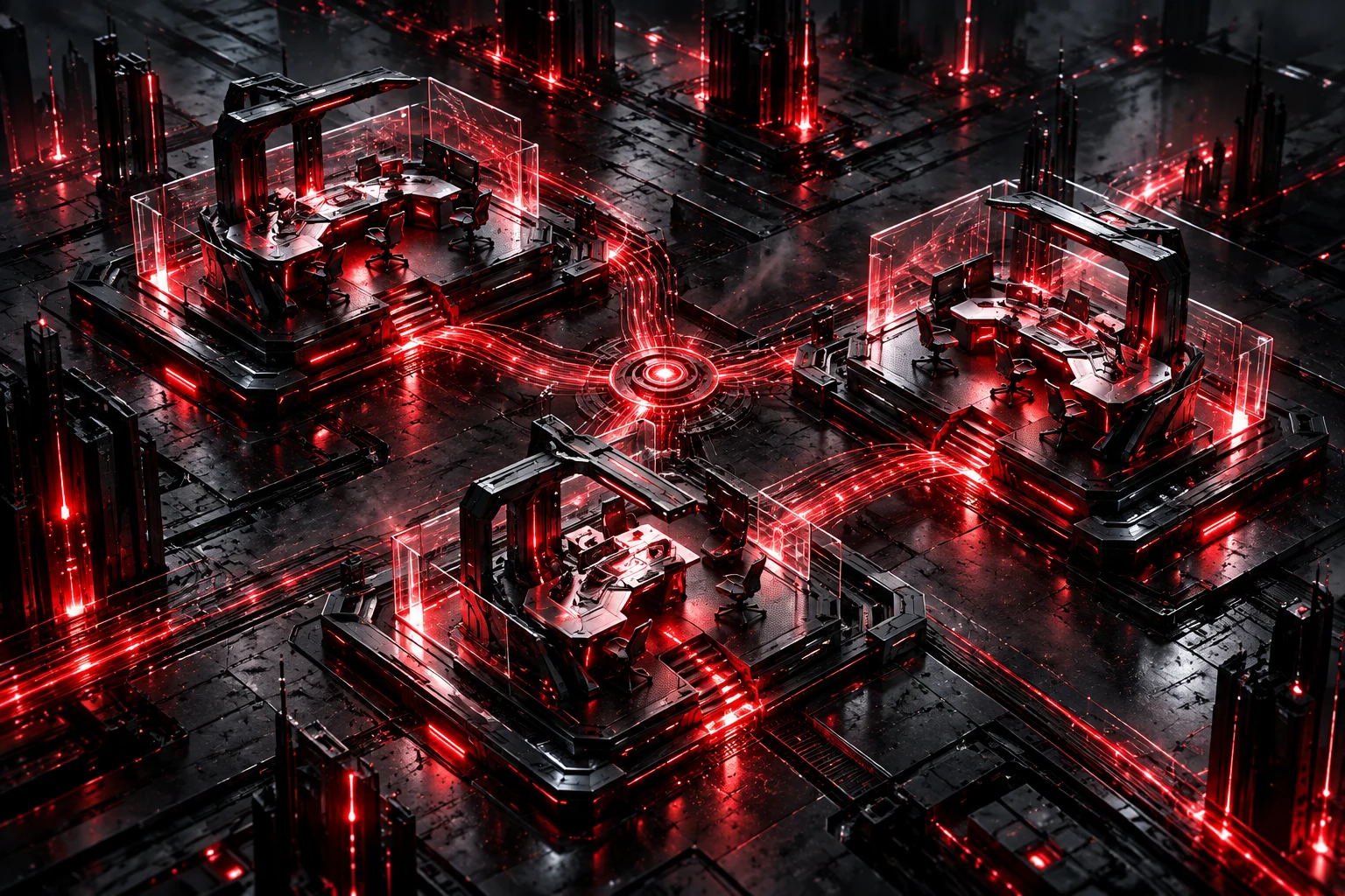 Three engineering stations connected by fibre-optic paths.