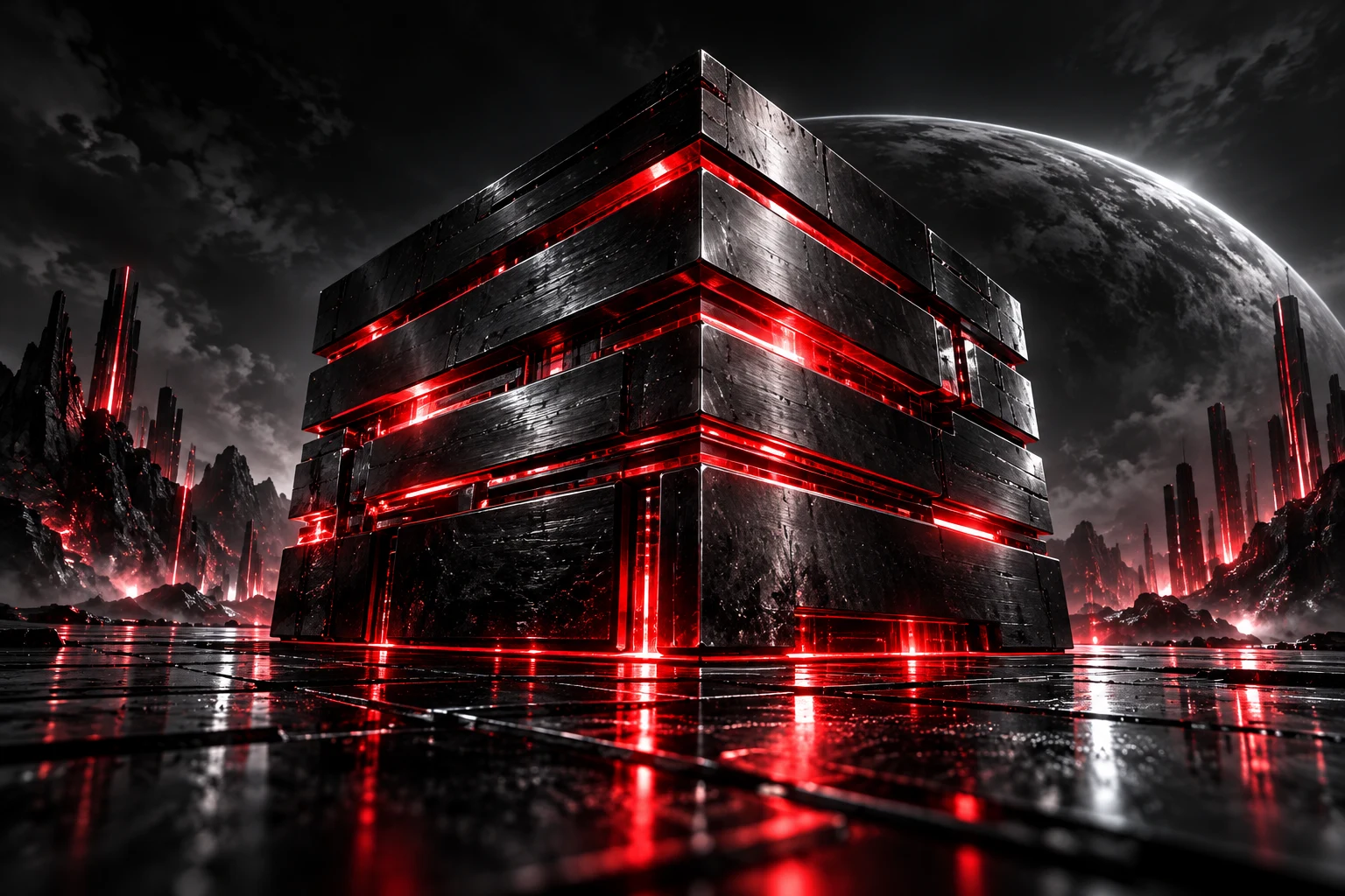 Layered black titanium monolith with red seams.