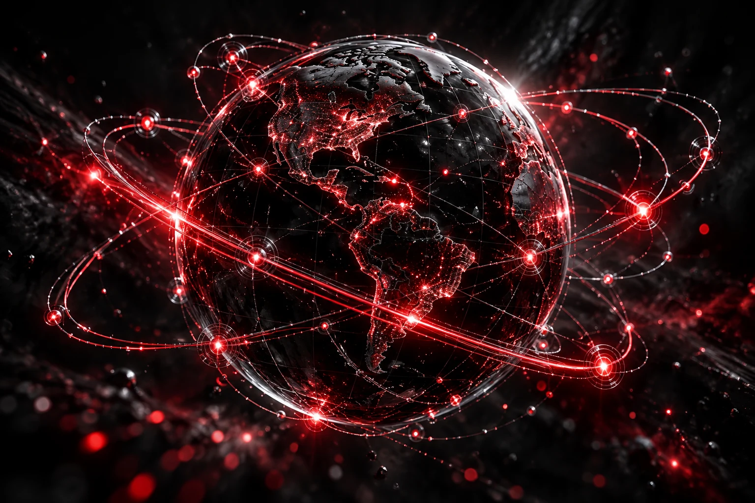 A dark globe linked by crimson neural paths.