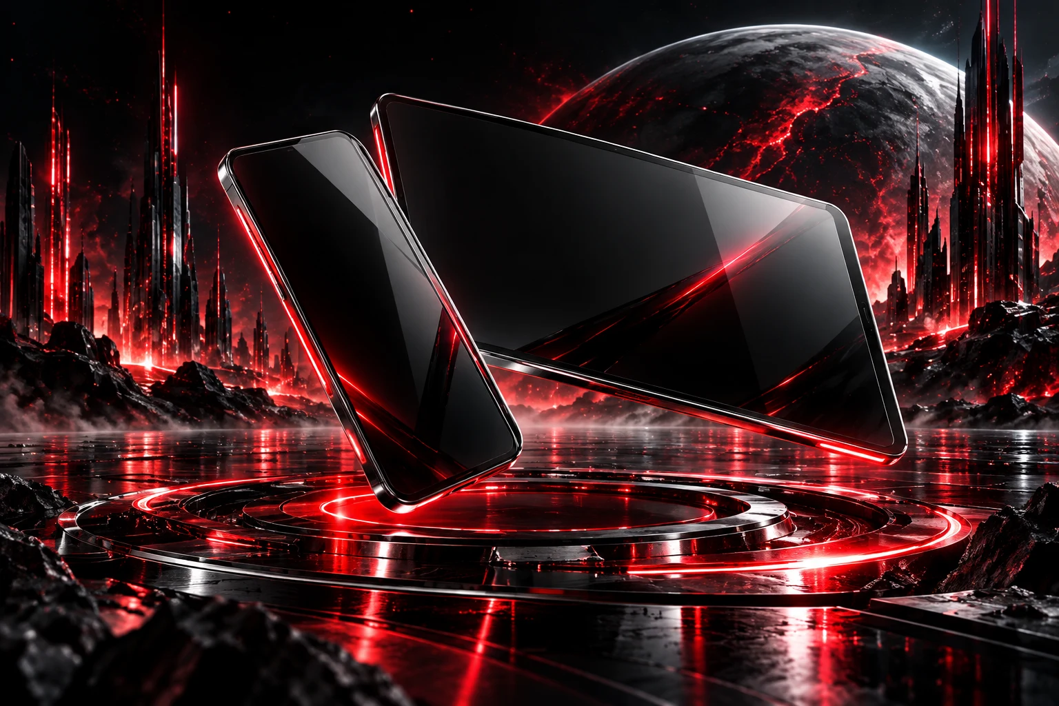Floating phone and display with red edge lighting.