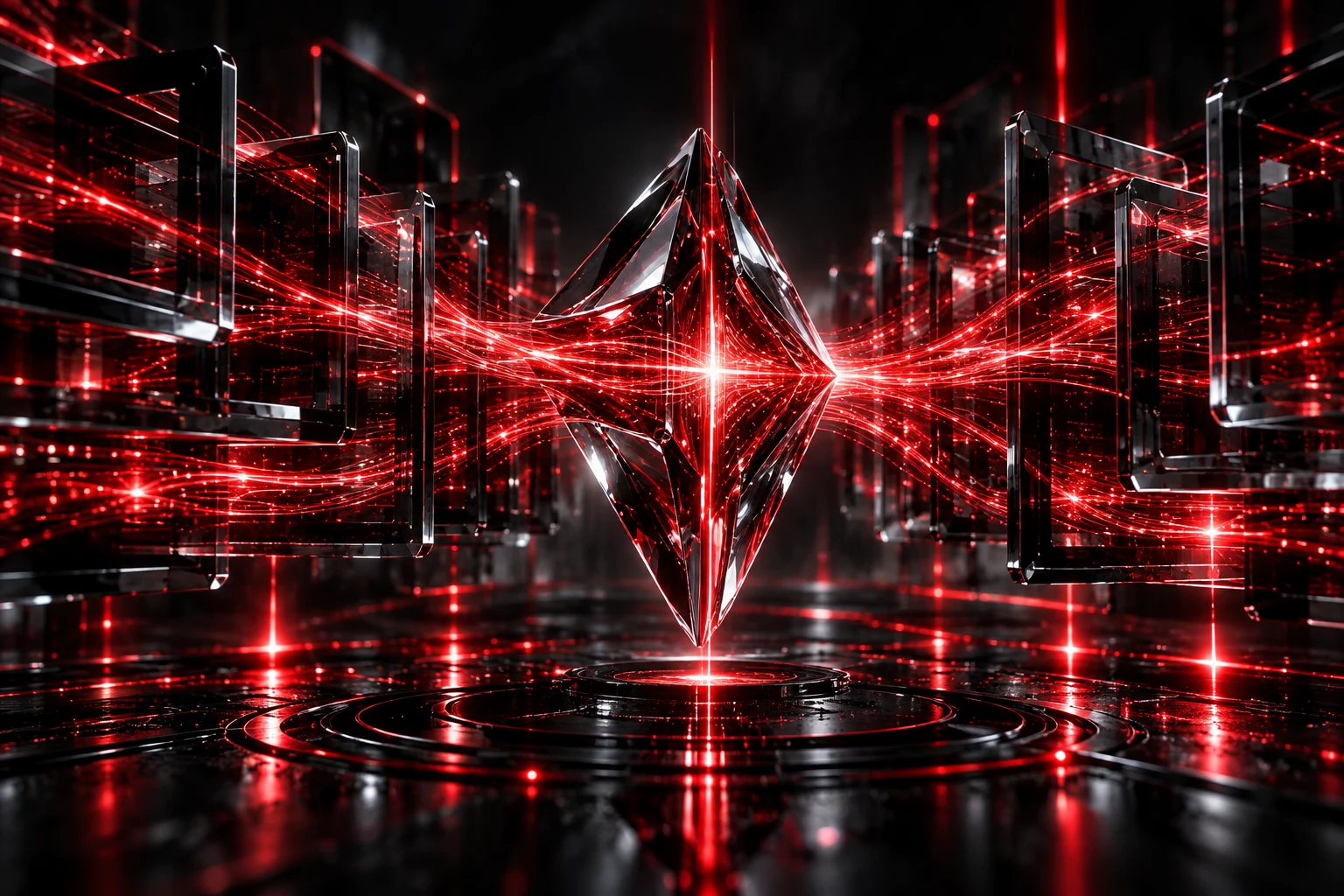 A prismatic lens focusing knowledge ribbons between glass volumes.