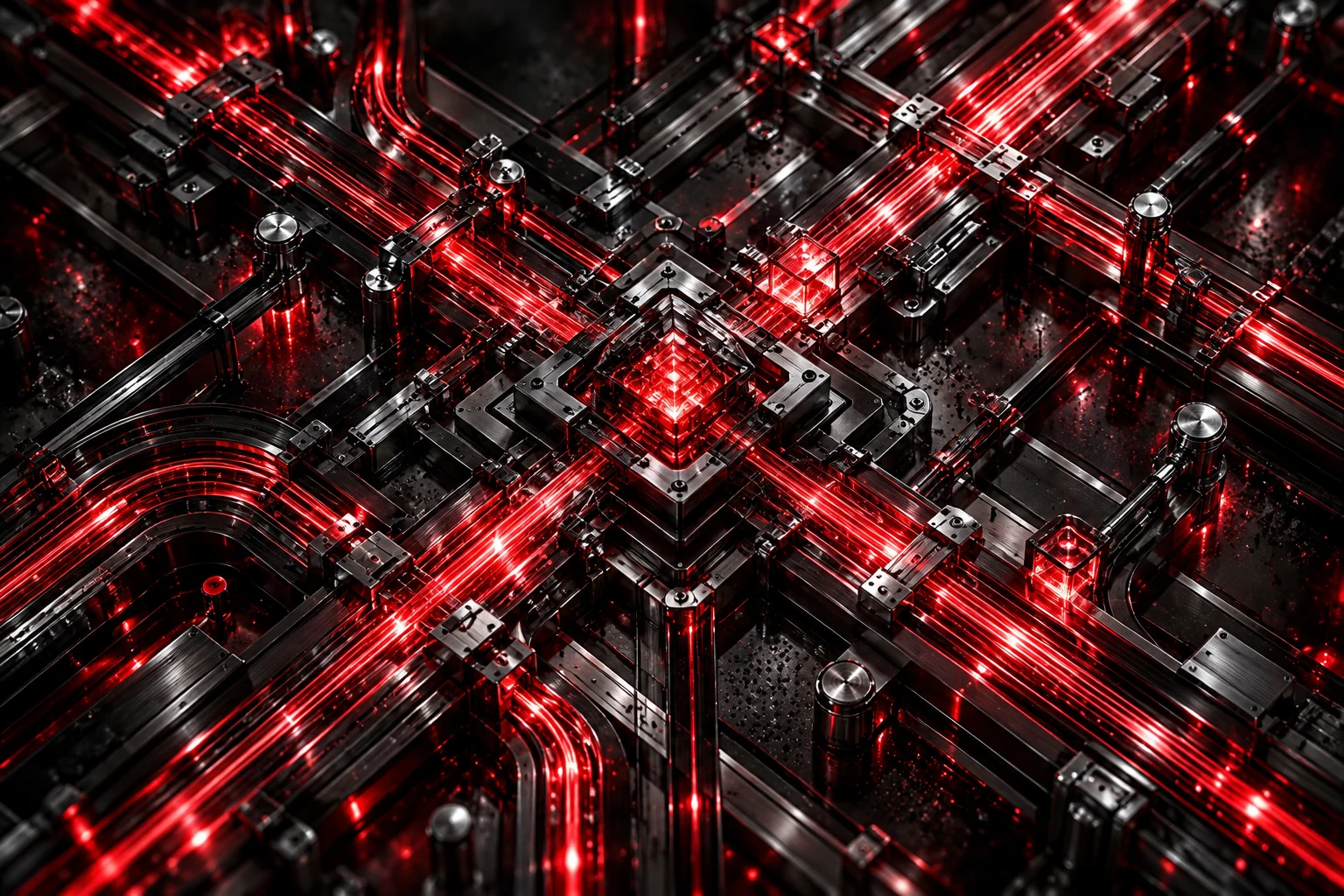 An overhead titanium lattice carrying red operational flows.
