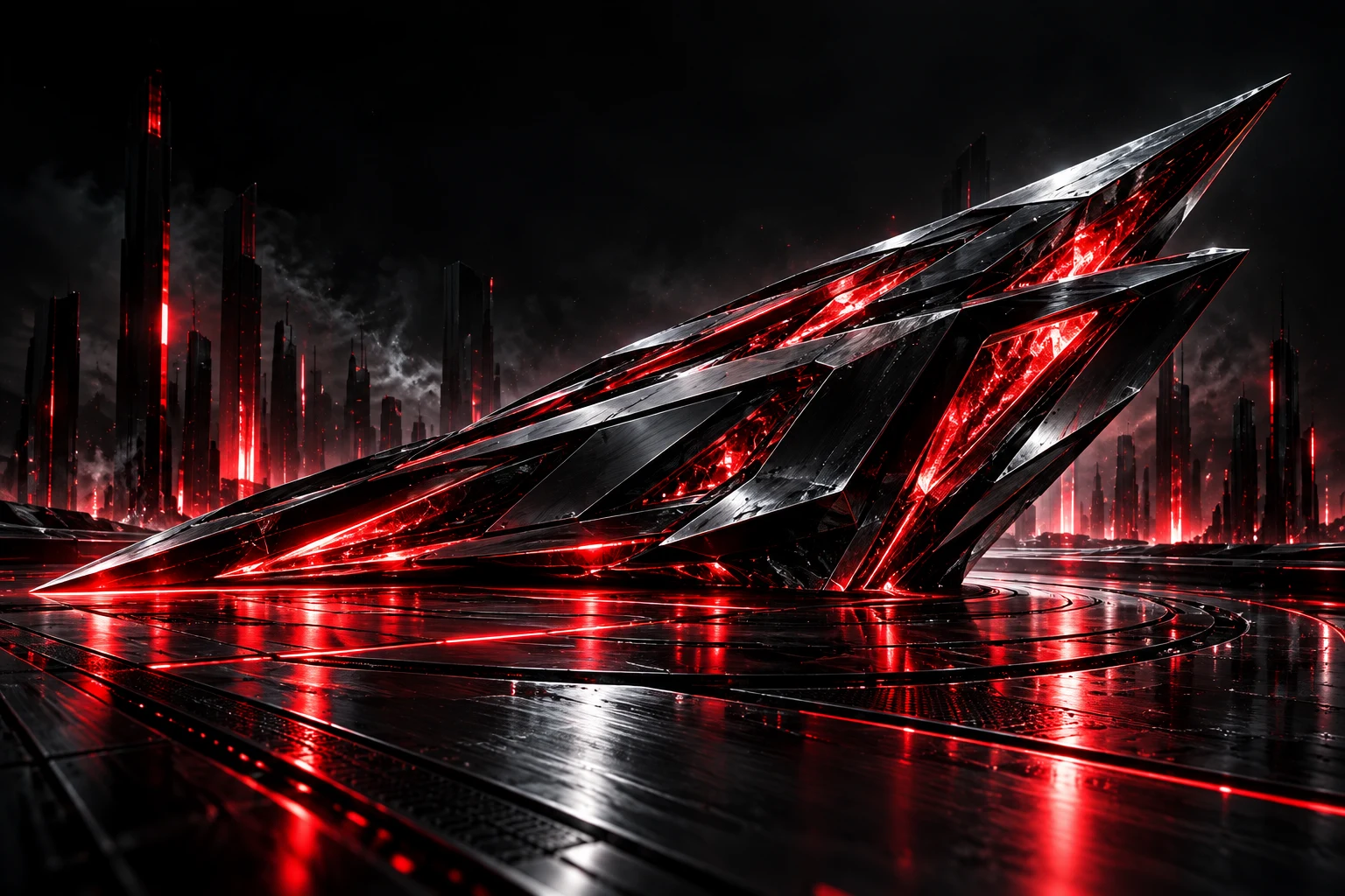 Angular titanium sculpture with illuminated seams.