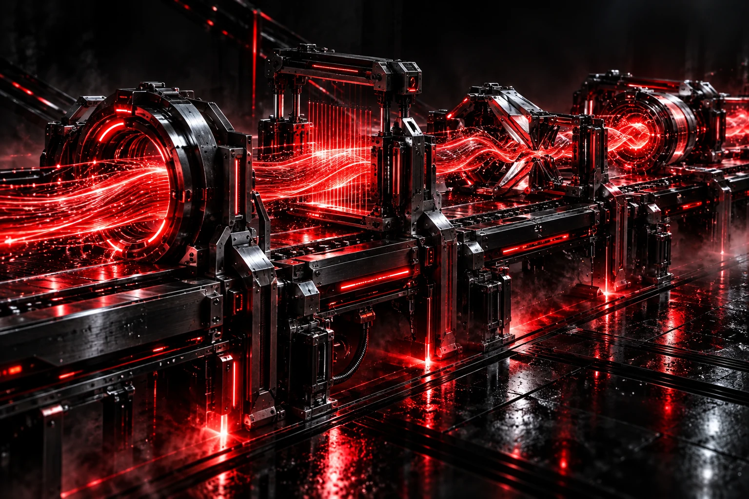 A crimson light ribbon passing through precision processing gates.